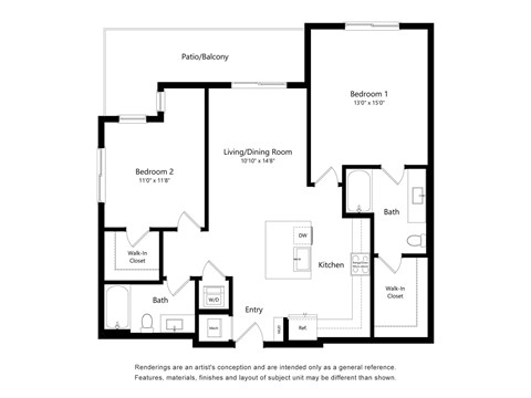 Floor plan for 2 beds, 2 baths, 1107 sqft